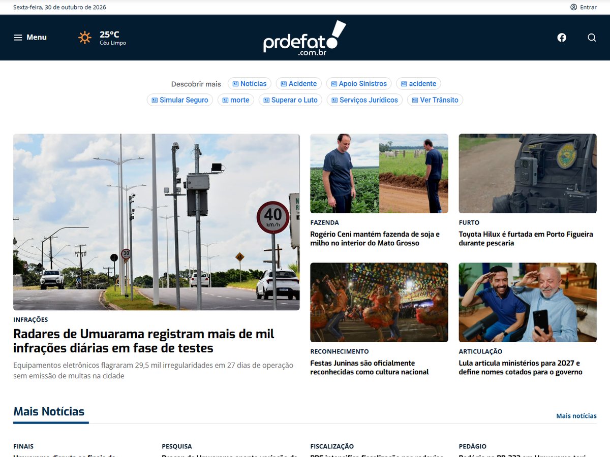 Página inicial do portal Paraná de Fato, com notícias de Umuarama e região geradas a partir de feeds e links