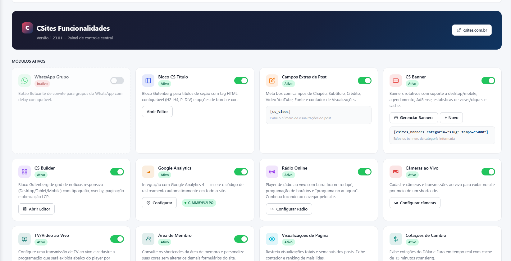 Tela de módulos do CSites Funcionalidades com opções como CS Builder, CS Banner, Rádio Online, câmeras ao vivo e Google Analytics